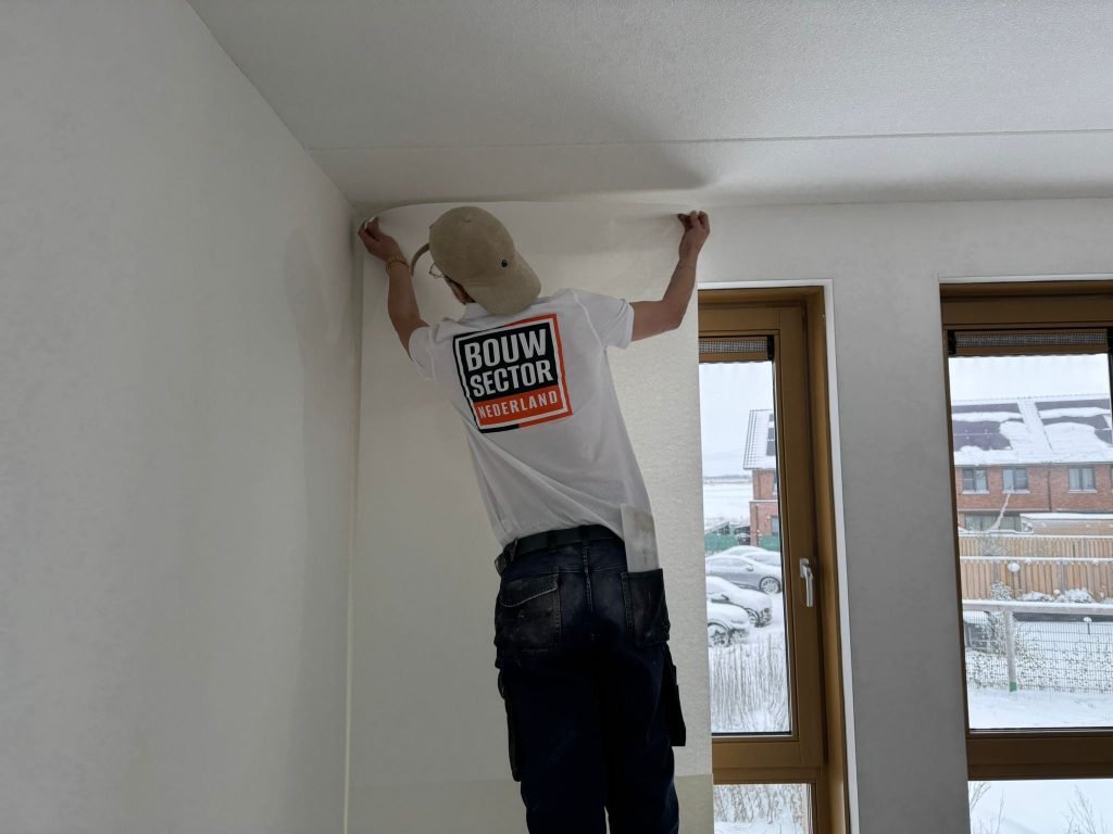 Behanger van Bouwsector Nederland zet een baan glasvezelbehang tot tegen het plafond in een nieuwbouwkamer